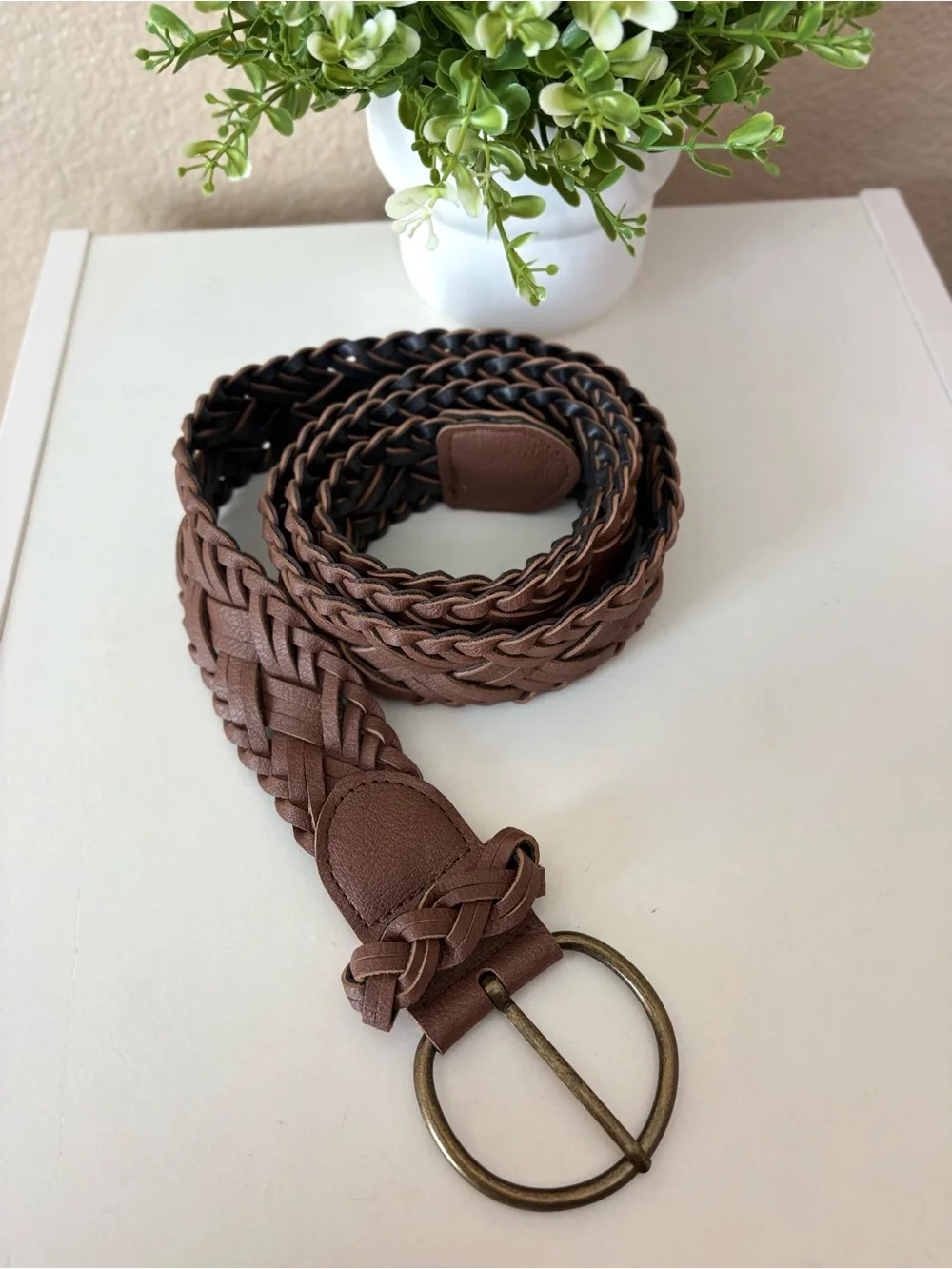 Brown Braided Leather Belt with Brass Ring Buckle size L/30